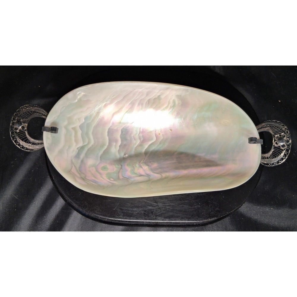 Vintage Mother of Pearl Shell Bowl with Ornate Filigree Metal Stand Centerpiece